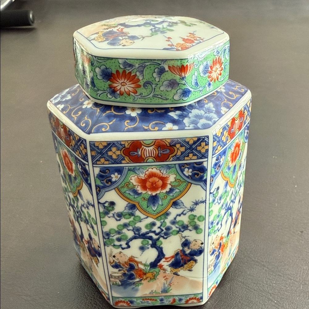 Elegant Japanese Floral Hexagonal Porcelain Jar with lid.